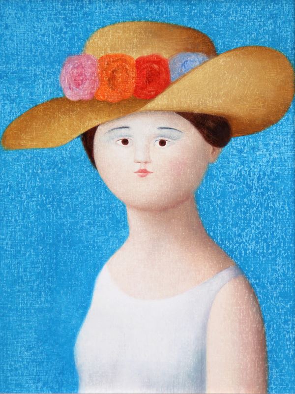 Antonio BUENO - Ragazza con cappello e rose