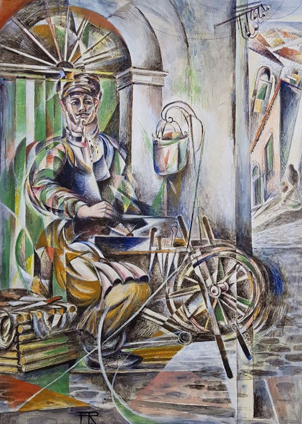 Pippo RIZZO L'arrotino (1920) pittura su cartoncino Asta Arte