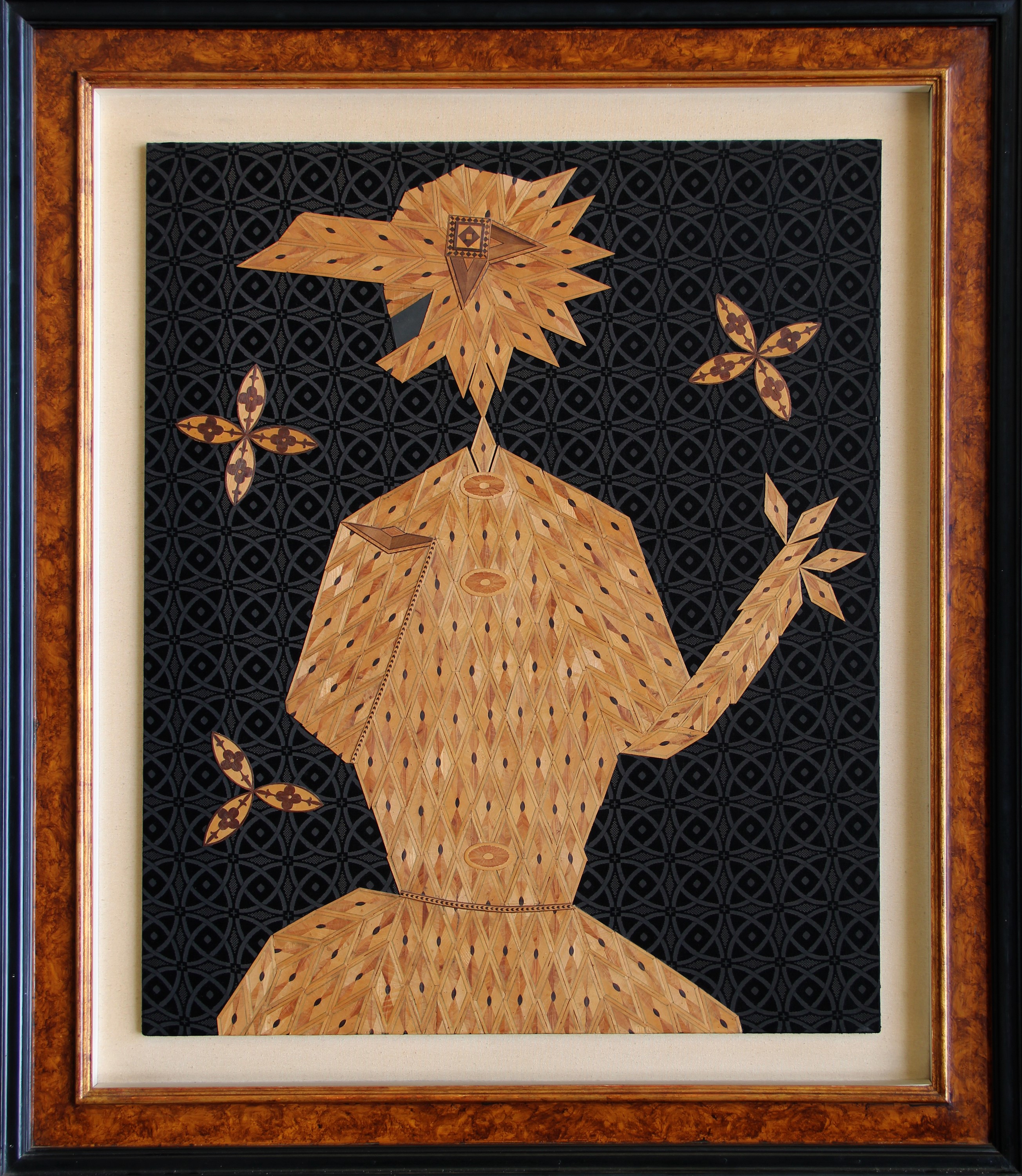 Enrico Baj - Lady Alice Spring Stuart (collage, intarsio e stoffa su tavola), 1962
