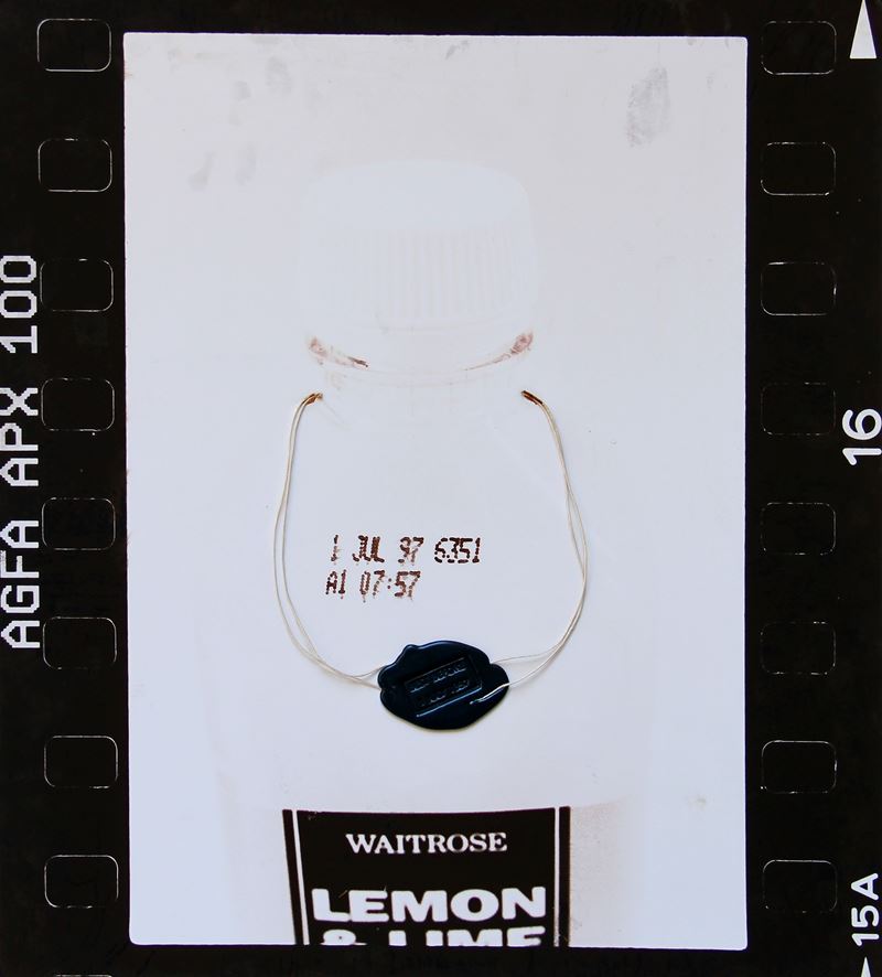 Huang Yong Ping - Best Before 1 July 1997 (Waitrose Lemon) — collage con spago e ceralacca su fot...