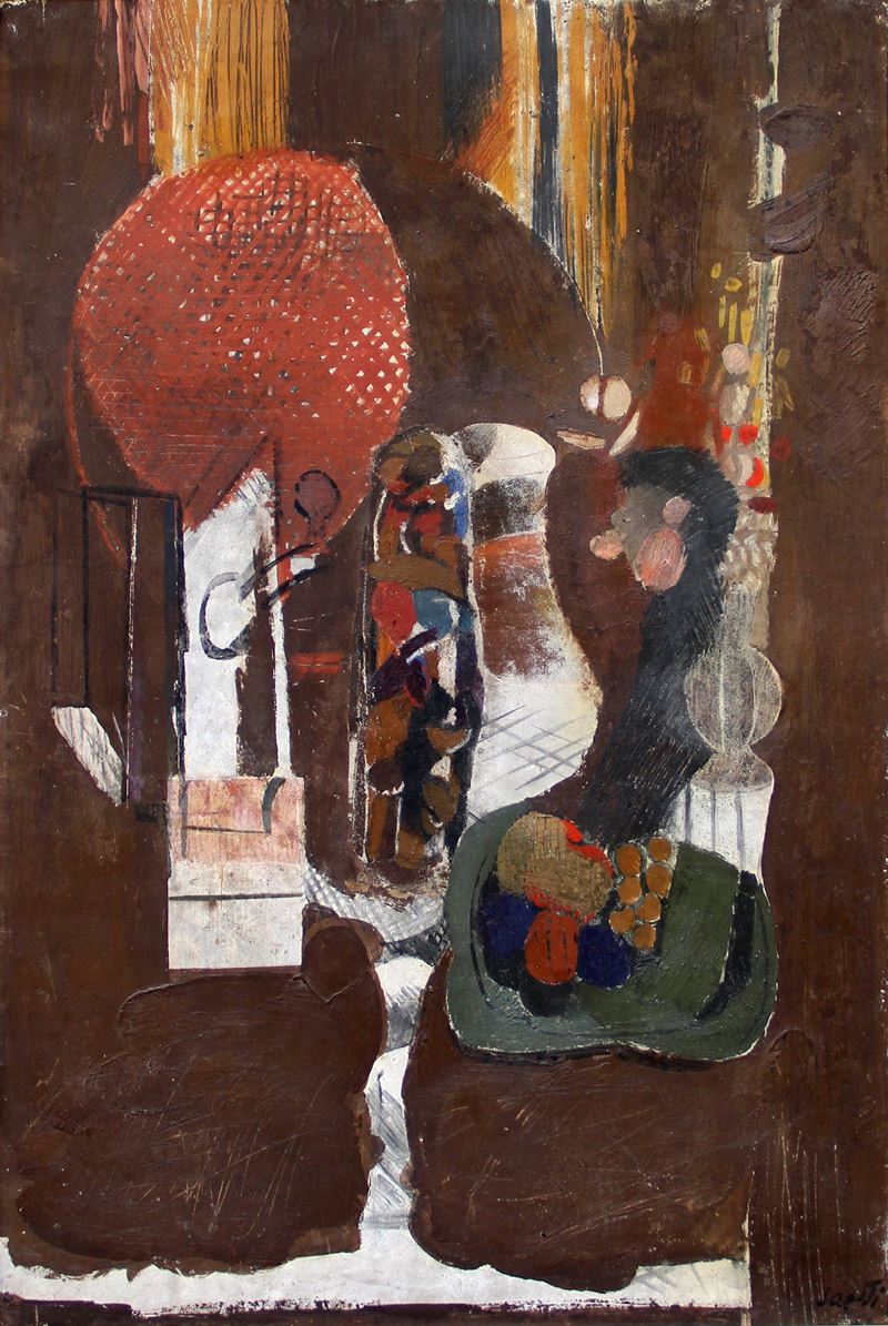 Bruno Saetti - Natura morta con piatto verde (affresco su tela), 1961